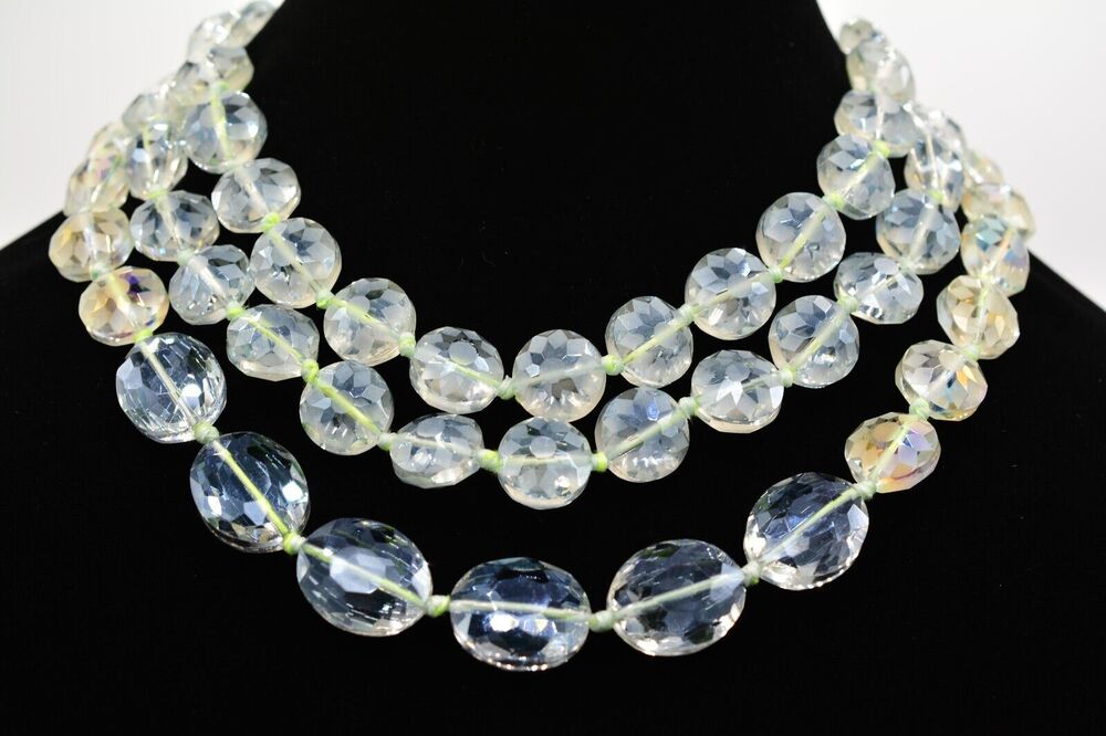 Serefina Crystal Necklace Glass Beaded Mint Clear Triple Strand Signed BinI